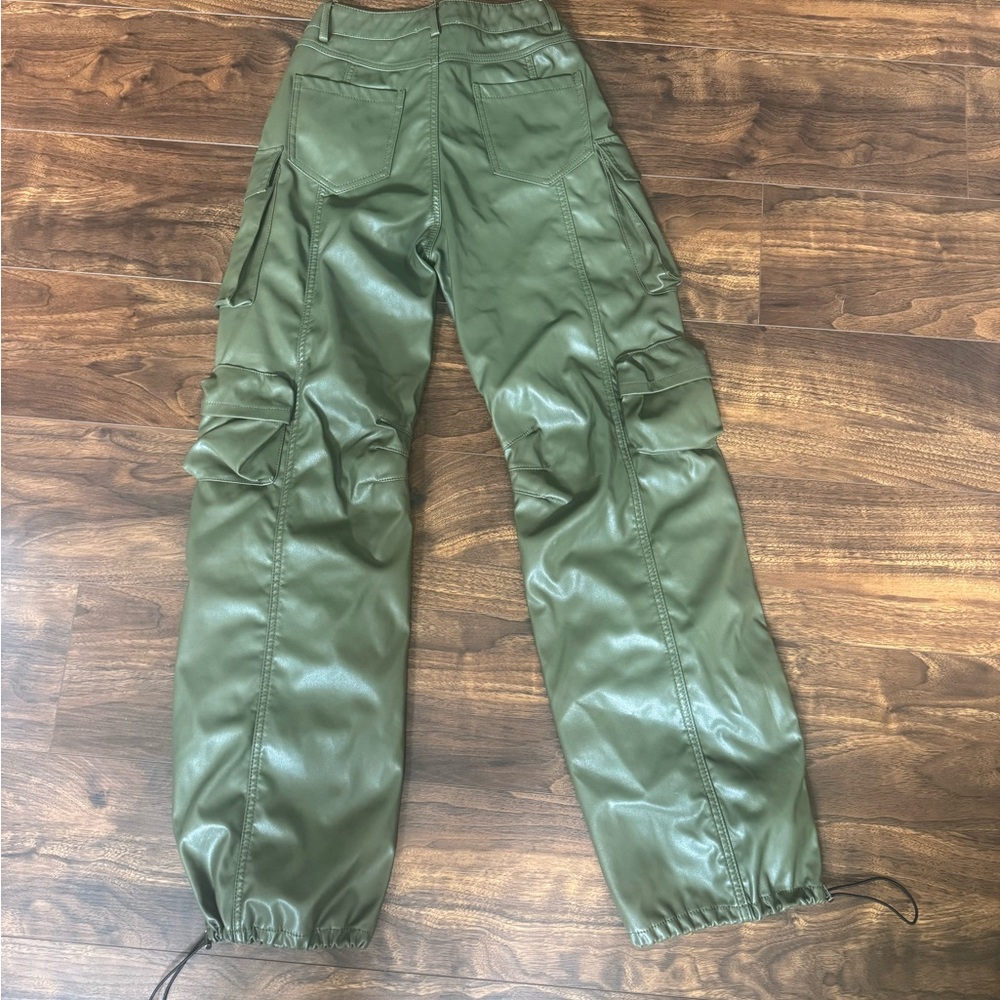 Miss Lola Olive Green Faux Leather Cargo Wide Leg Jeans